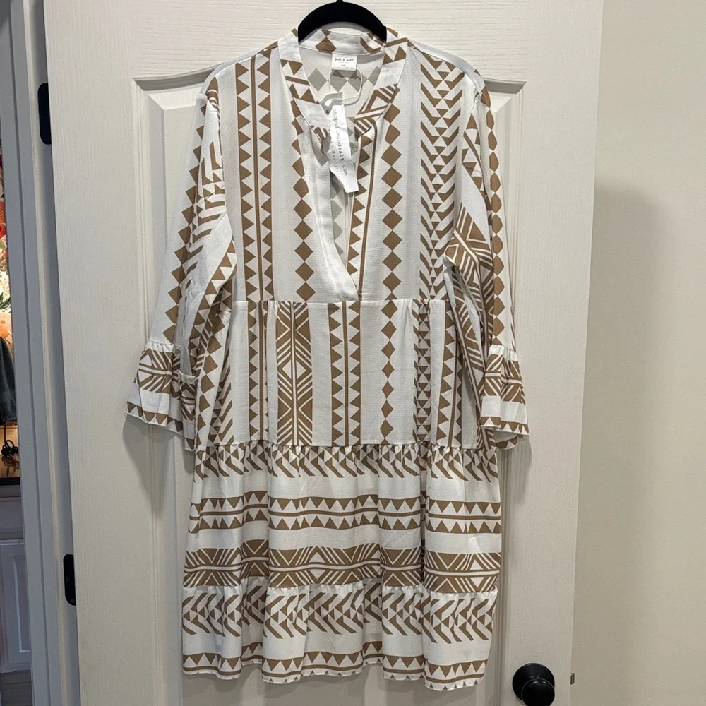 Silk & Salt White and Tan Geometric Print Dress - Picture 1 of 6